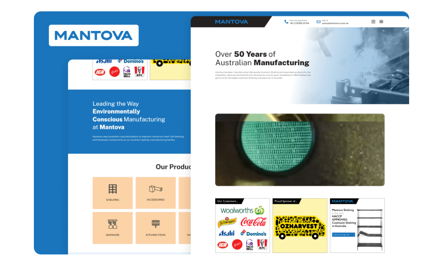 Mantova website homepage showcasing Australian manufacturing expertise and clients.