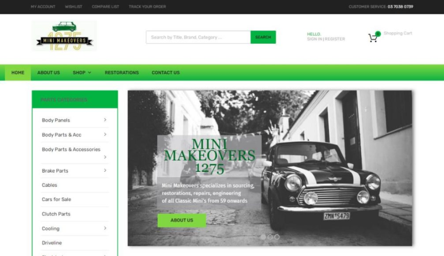 Mini Makeovers 1275 website homepage with classic Mini Cooper car