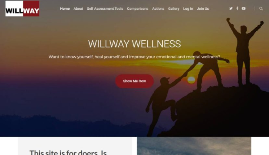 Willway Wellness website homepage with inspirational image of two people reaching summit