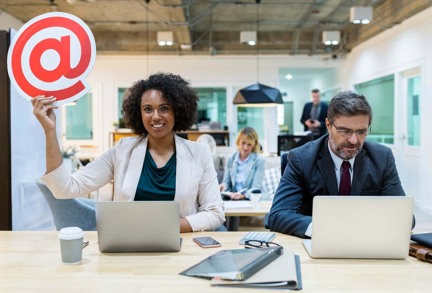 Woman holding "@" sign, representing email marketing for small business in 2026.