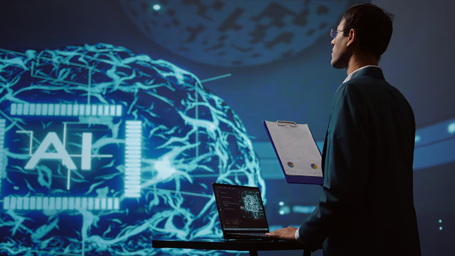 Man analyzing AI brain graphic, tracking ChatGPT referral traffic in GA4.